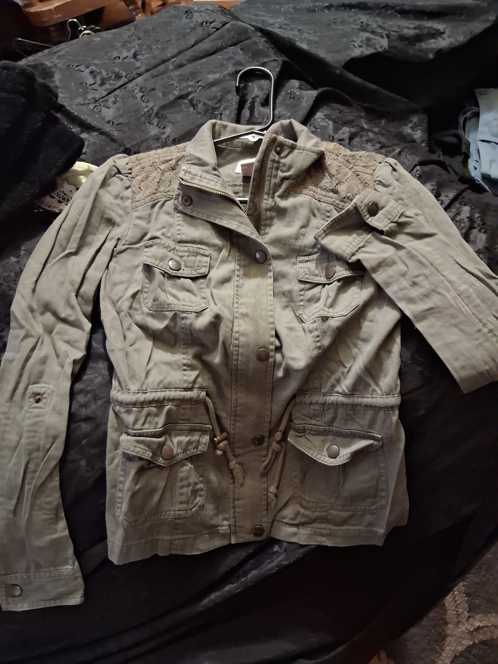 Candie's Olive Utility Jacket with Lace Yoke